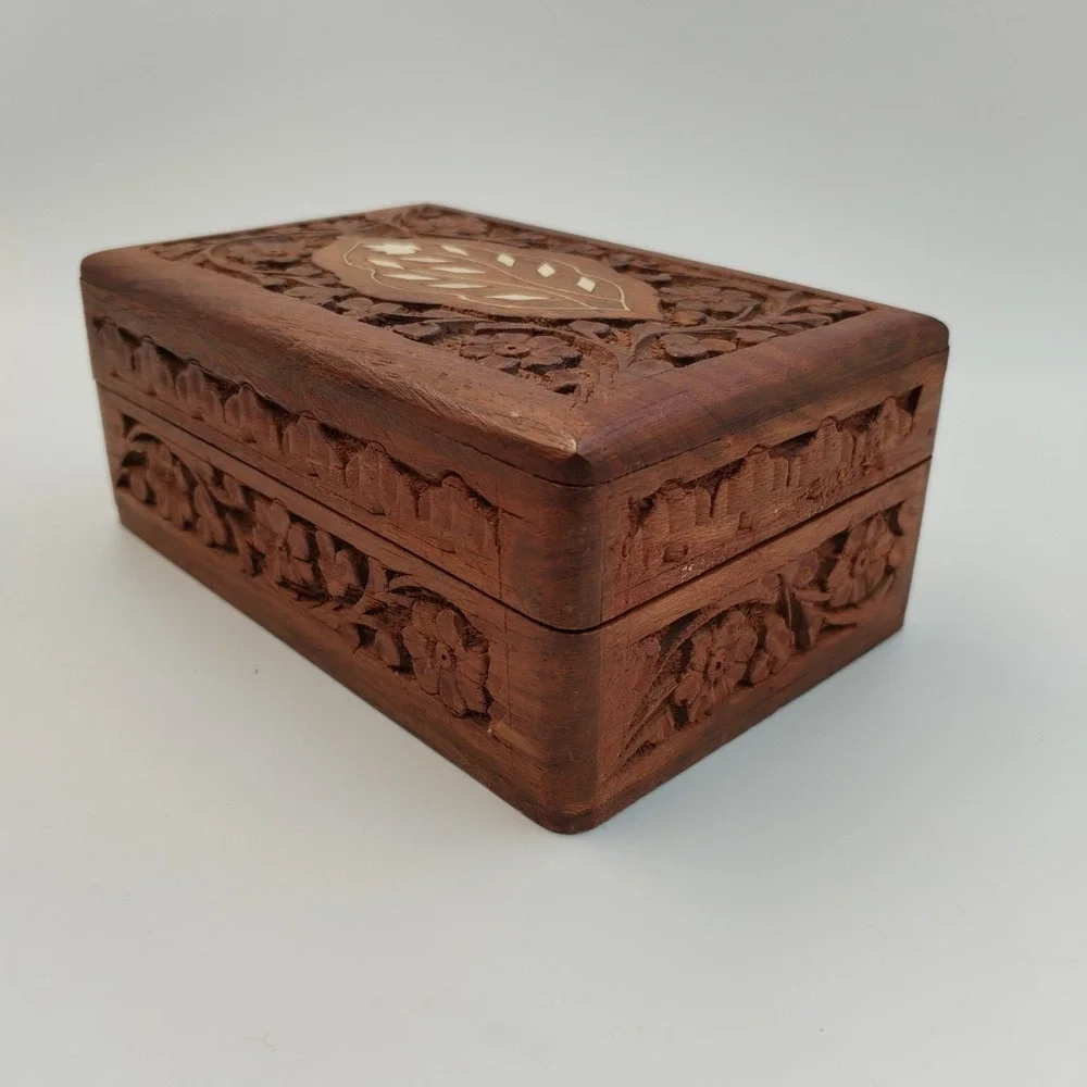 Vintage Hand Carved Indian‎ Wood Jewelry Box Inlay Floral Trinket Boho 6